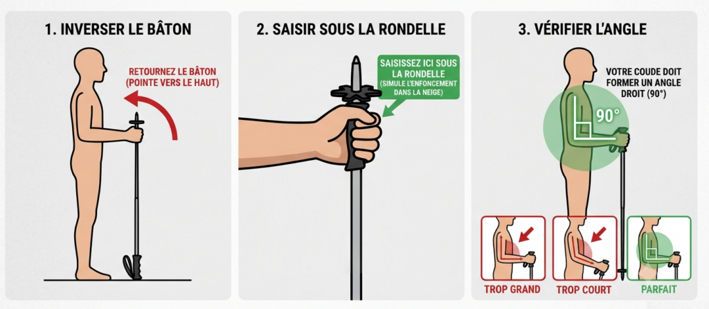retourner le baton - mon coude doit faire un angle de 90 degrés